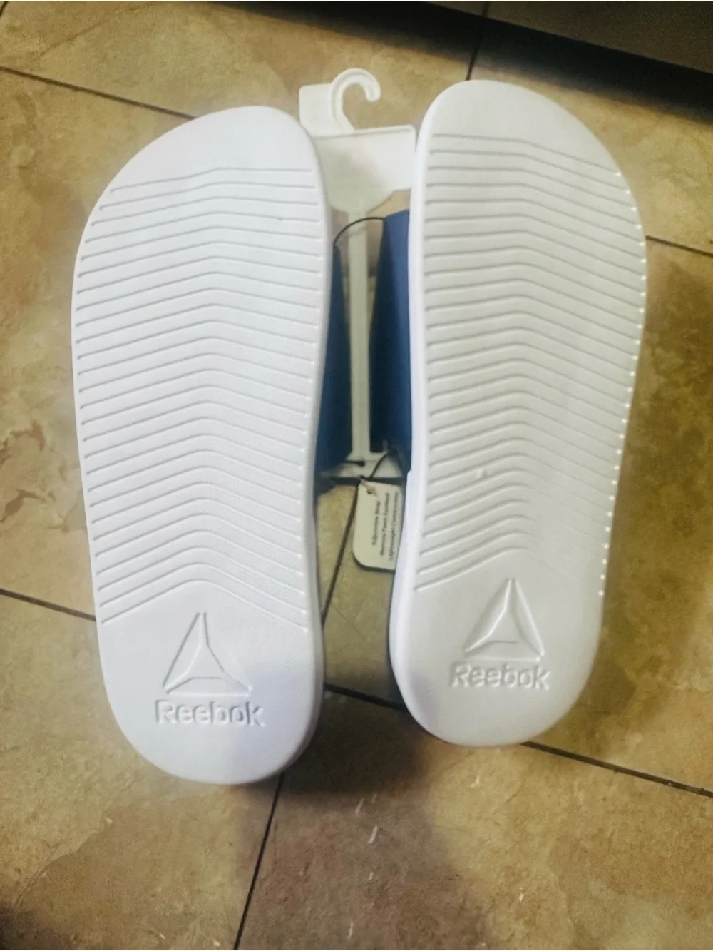 Reebok✨🩵💙💛Light Blue and Navy Slide Sandals with Multicolor Logo